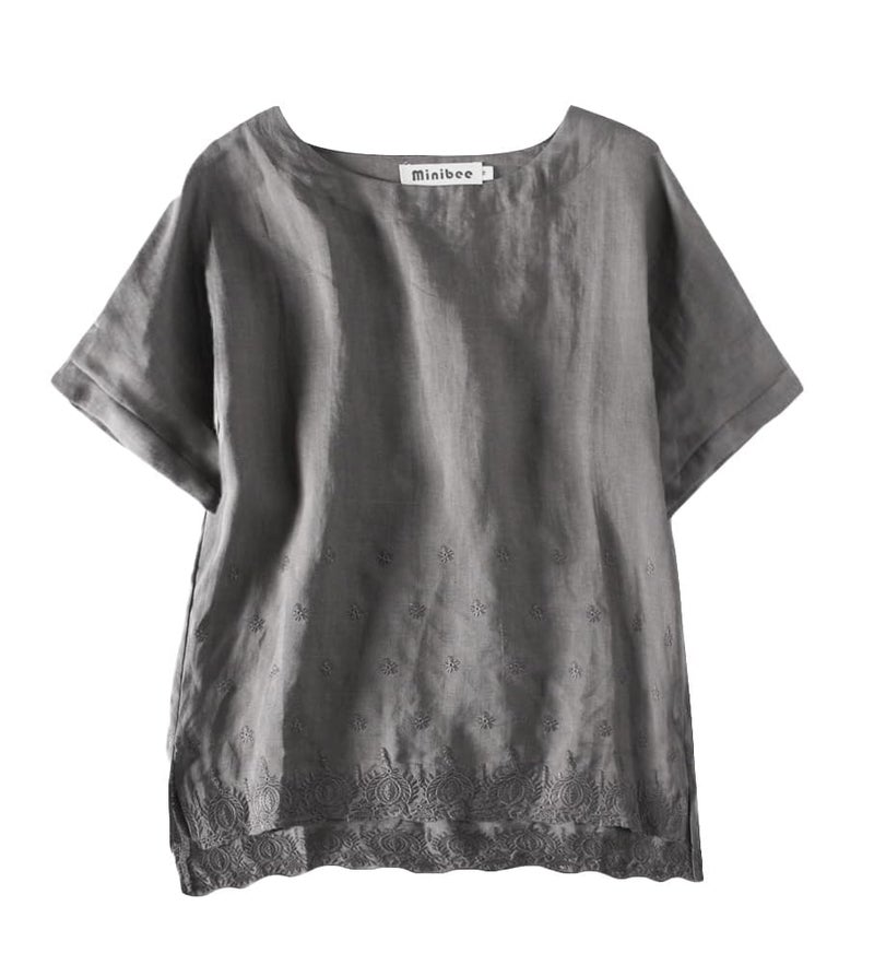 Minibee Women's Summer Linen Tunic Shirt High Low Hem Embroidery Blouse Top Dark Gray - Image 1